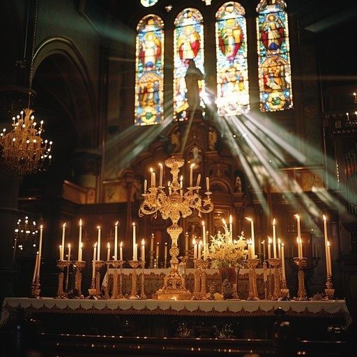Kerzenreicher Kirchenaltar mit Sonnenstrahlen durch Buntglasfenster