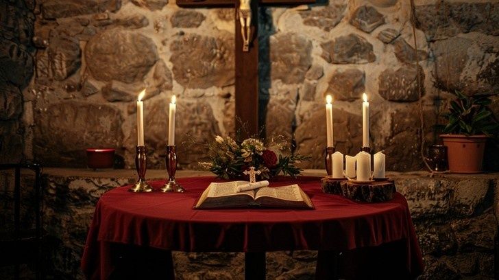 Festlich gedeckter Altar mit Kreuz, Kerzen, Blumen und aufgeschlagener Bibel